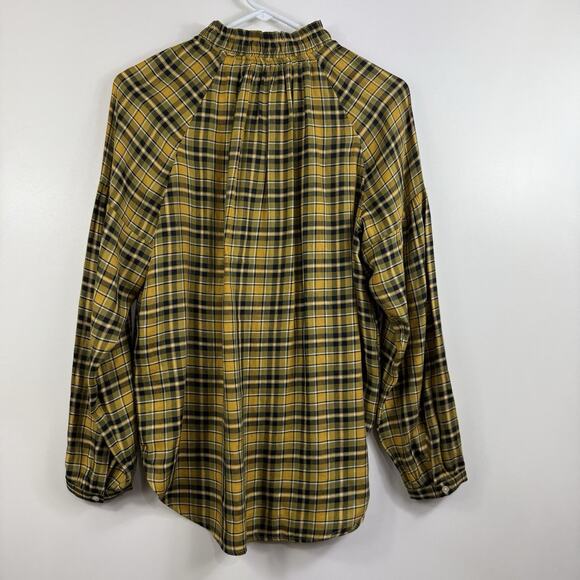 Loft Yellow Black Plaid Button Up Shirt Small Ruffle Neck Fall Tunic Preppy - Picture 13 of 14